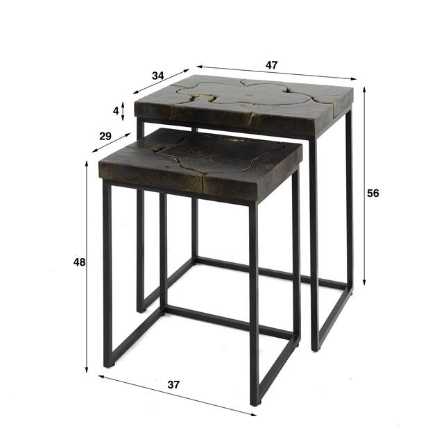 Hoyz Collection - Bijzettafelset Set van 2 - Rechthoekig Black And Gold - Massief Gerecycled Teakhout