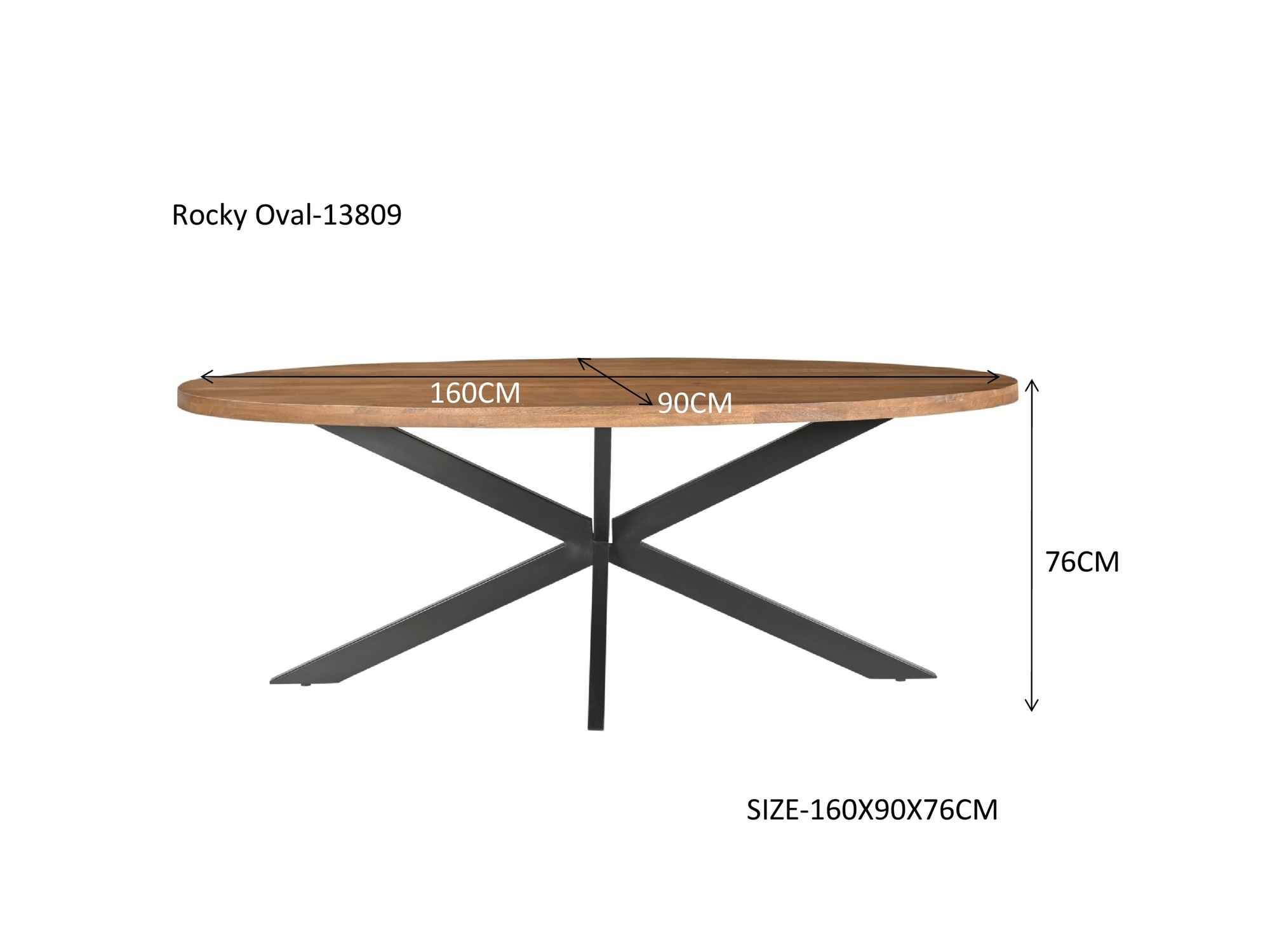 Livingfurn - Eetkamertafel Rocky Oval 160 cm - Mangohout / Gecoat Staal