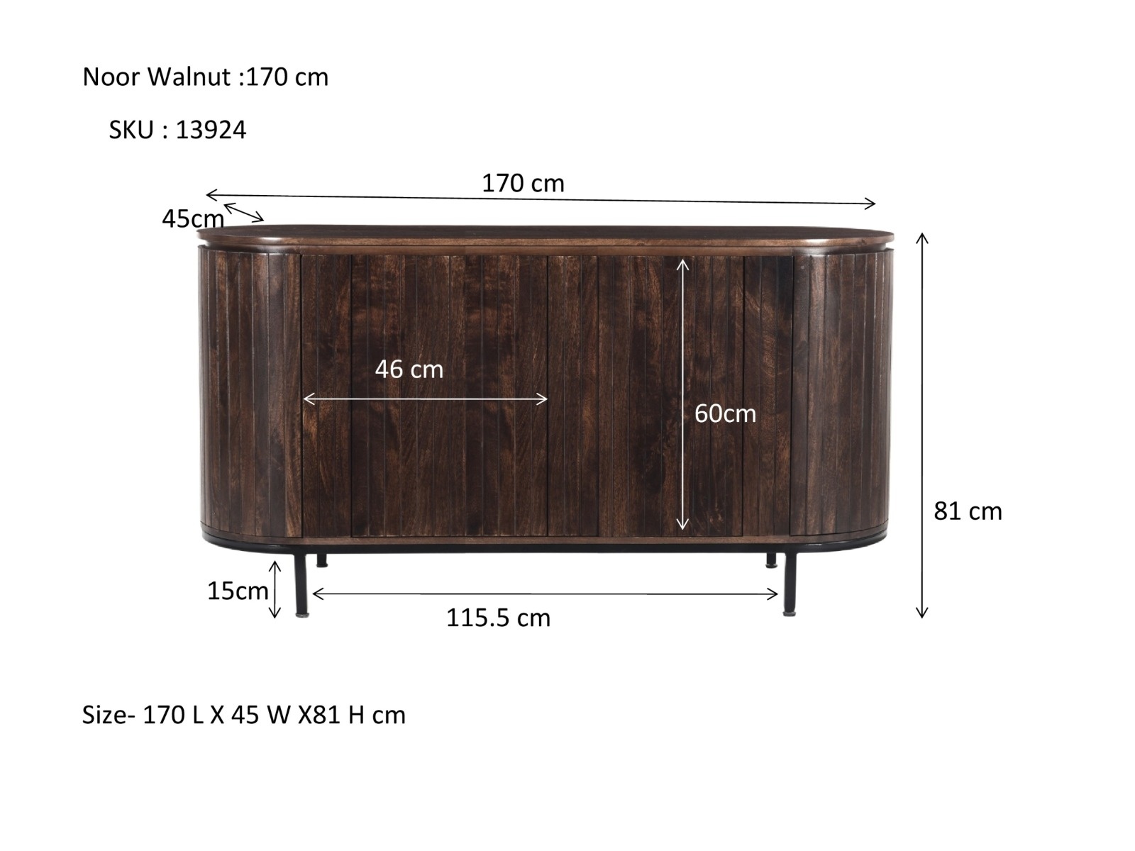Livingfurn - Dressoir Noor Walnut 170cm - Mangohout / Gecoat Staal