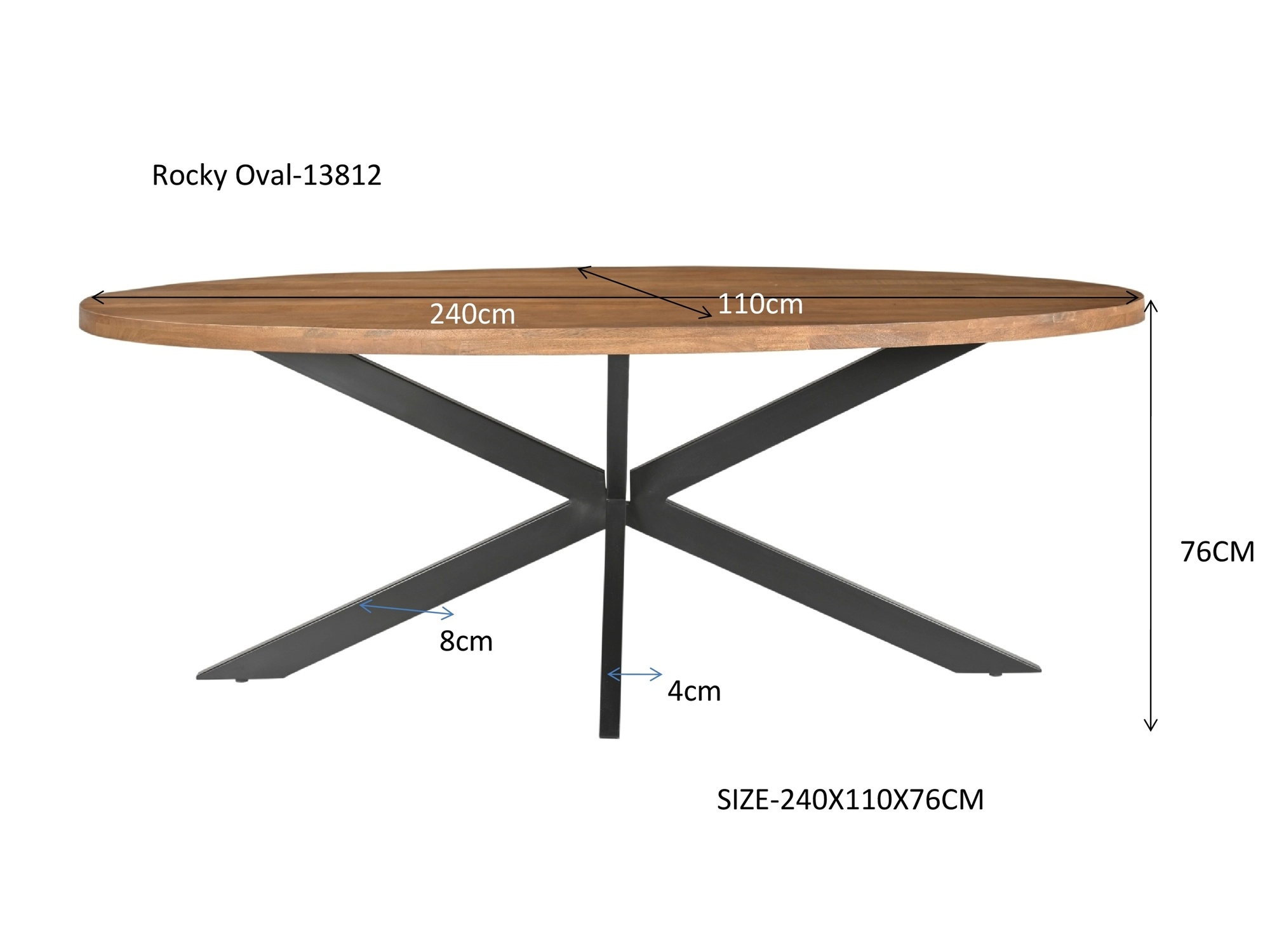 Livingfurn - Eetkamertafel Rocky Oval 240 cm - Mangohout / Gecoat Staal