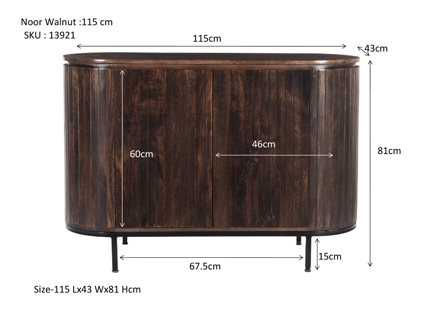 Livingfurn - Dressoir Noor Walnut 115cm - Mangohout / Gecoat Staal