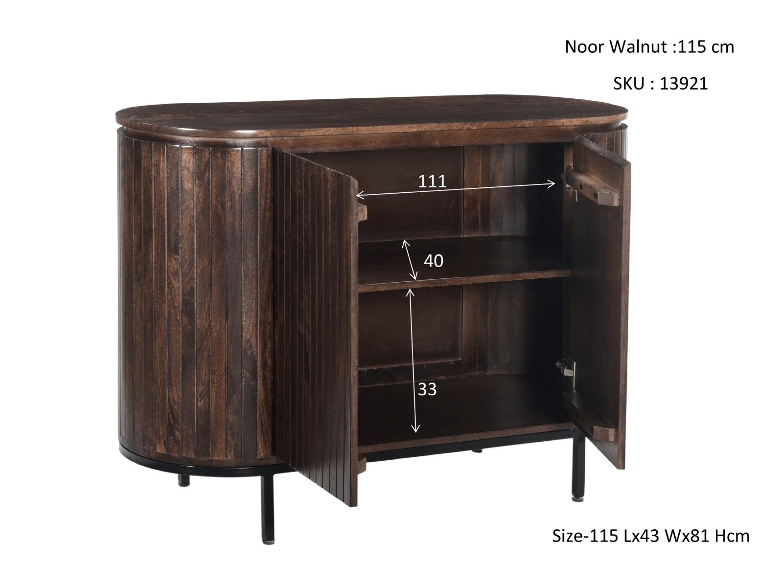 Livingfurn - Dressoir Noor Walnut 115cm - Mangohout / Gecoat Staal
