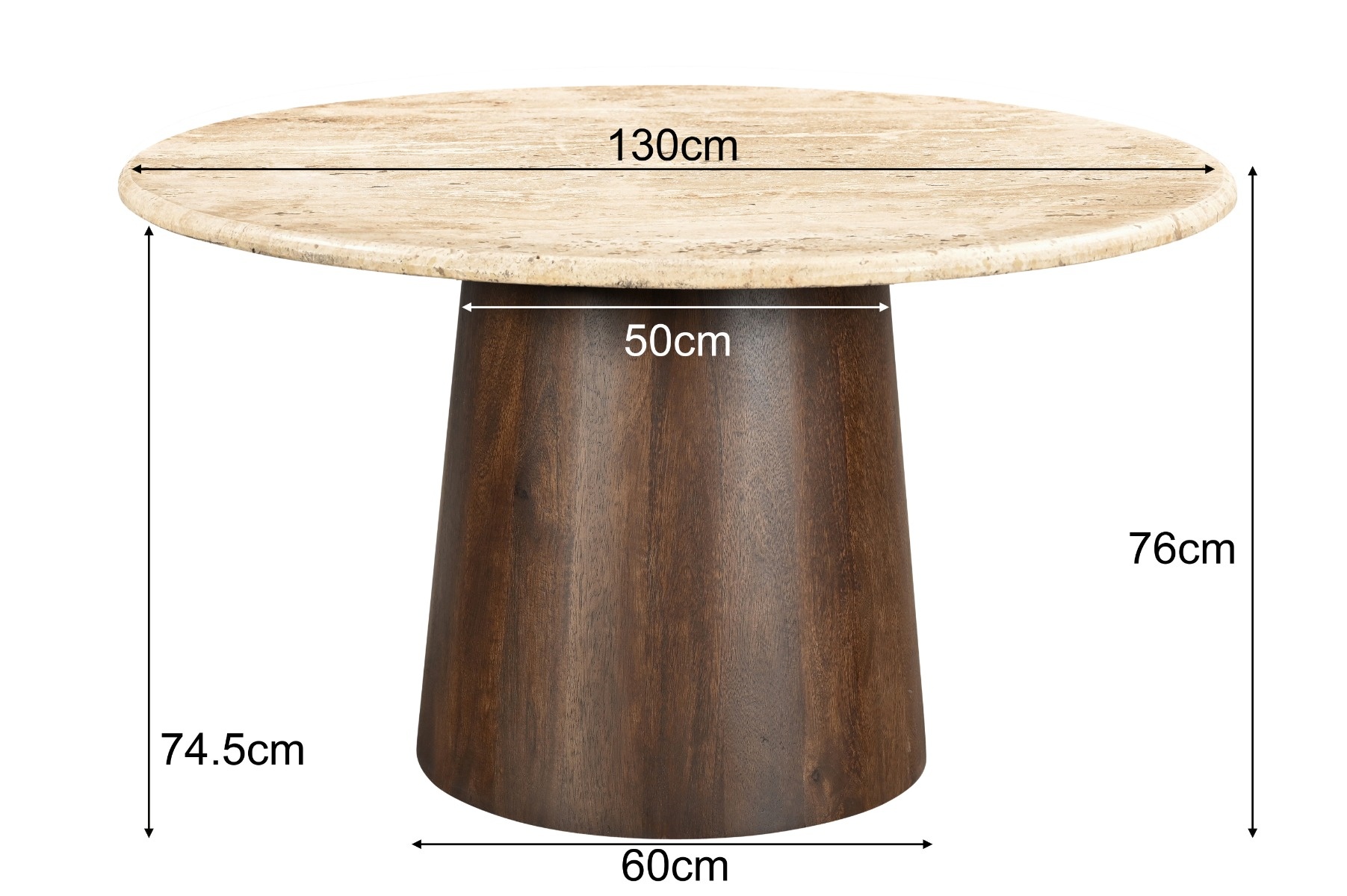 Livingfurn - Eetkamertafel Valentino Round 130cm - Mangohout / Travertin