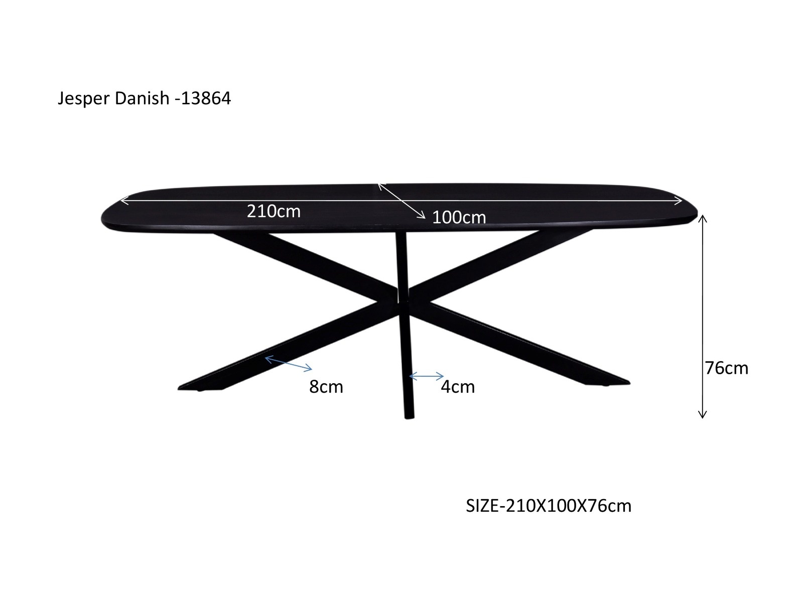 Livingfurn - Eetkamertafel Jesper Danish Oval Black 210cm - Mangohout / Gecoat Staal