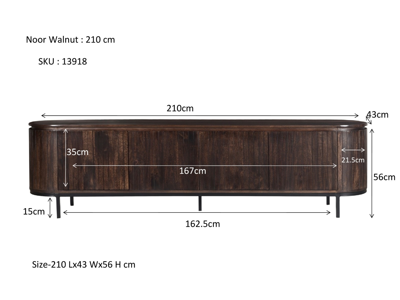 Livingfurn - TV Meubel Noor Walnut 210cm - Mangohout / Gecoat Staal