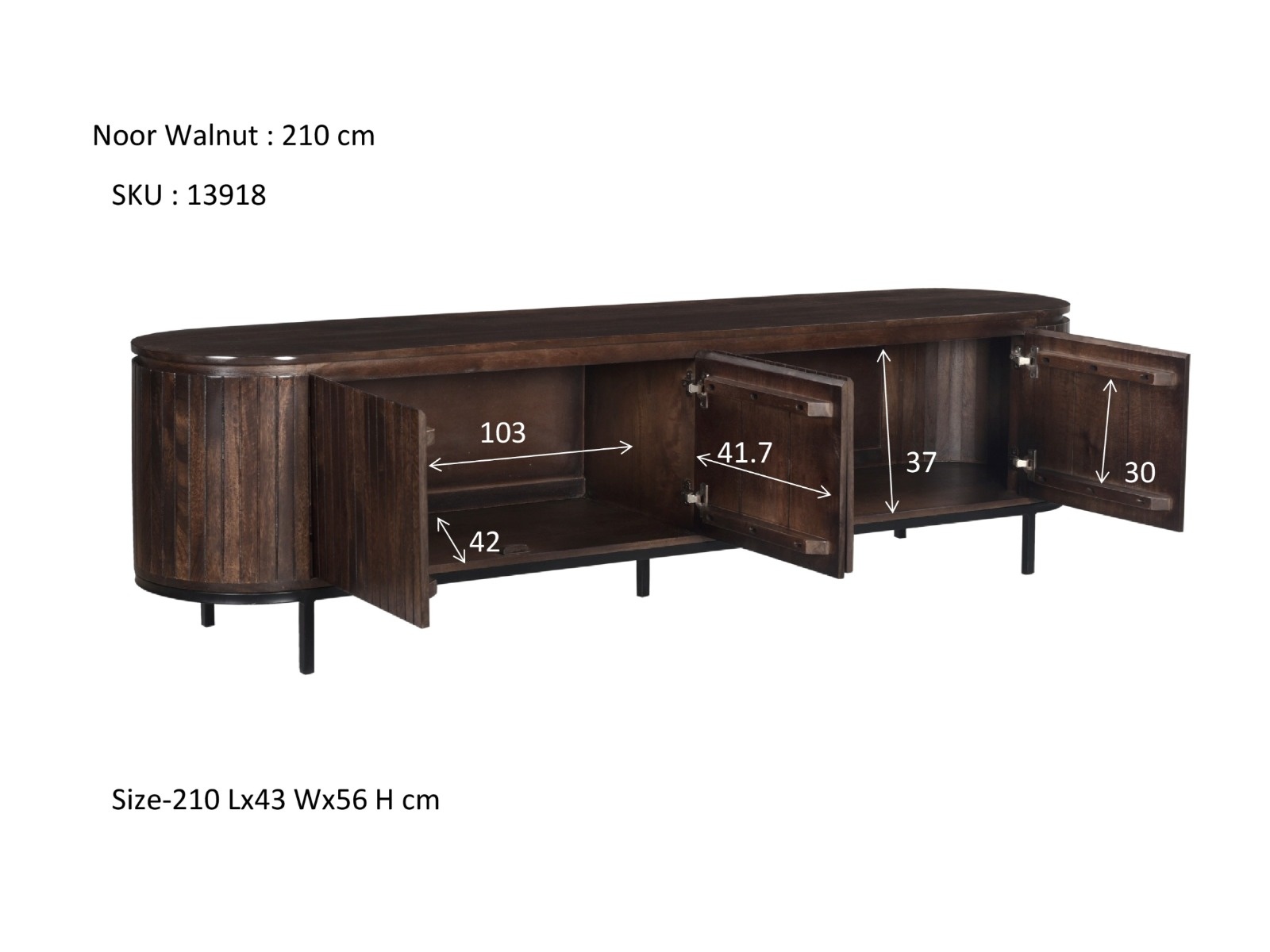 Livingfurn - TV Meubel Noor Walnut 210cm - Mangohout / Gecoat Staal