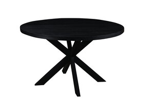 LivingFurn - Ronde Eetkamertafel van Mangohout en Gecoat Staal - Eettafel - 120cm - Zwart