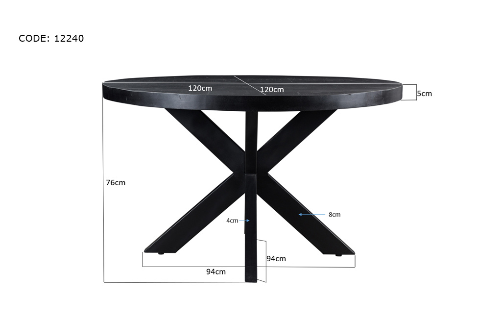 LivingFurn - Ronde Eetkamertafel van Mangohout en Gecoat Staal - Eettafel - 120cm - Zwart