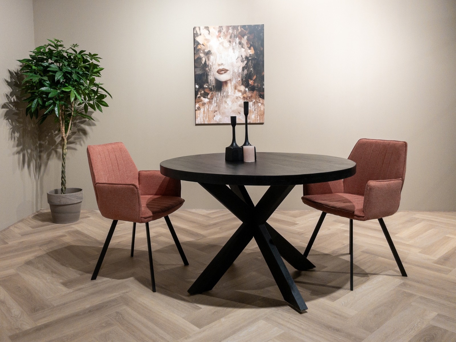 LivingFurn - Ronde Eetkamertafel van Mangohout en Gecoat Staal - Eettafel - 120cm - Zwart