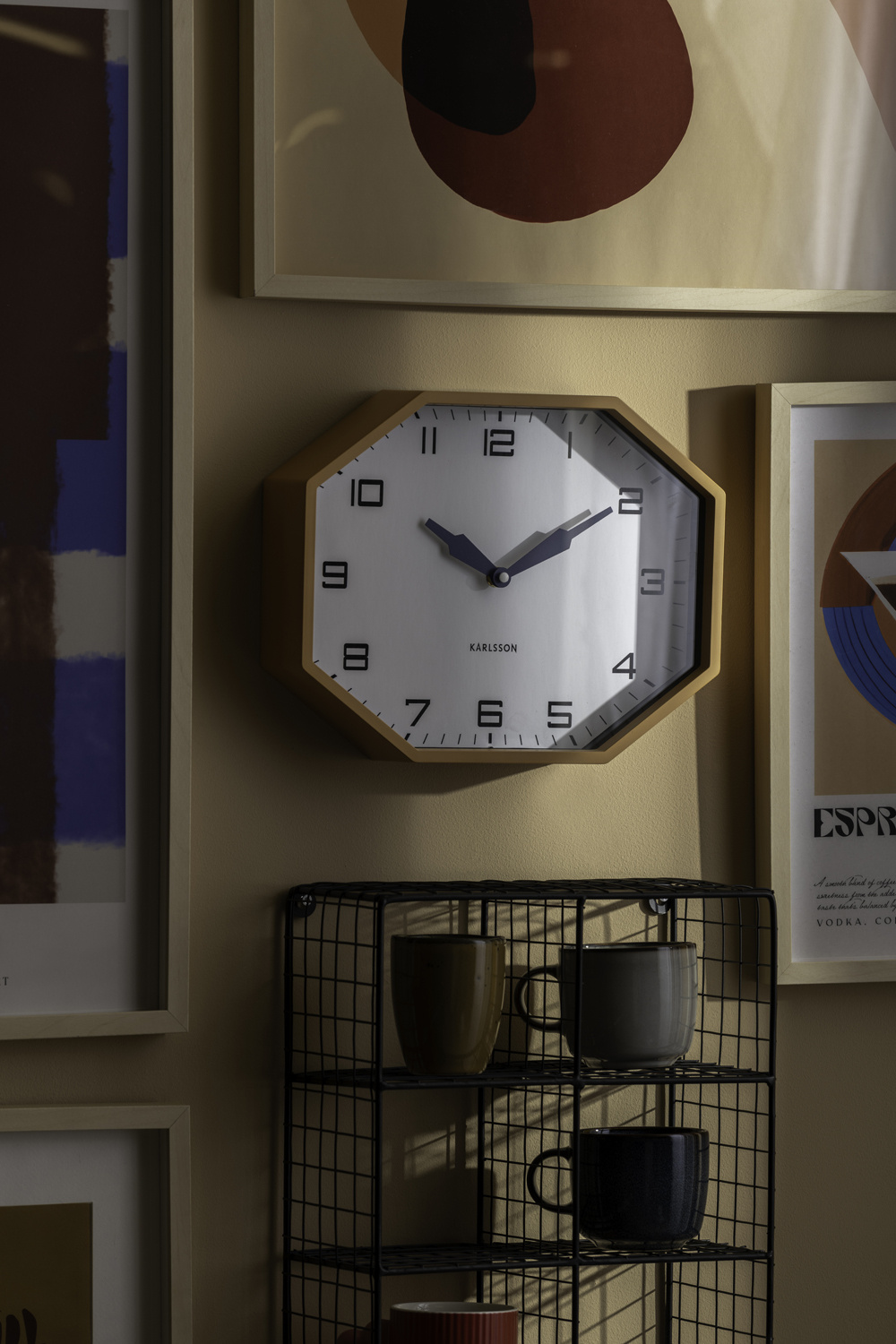 Karlsson - Wandklok Modern Factory Octagon - Ochre yellow & navy blue