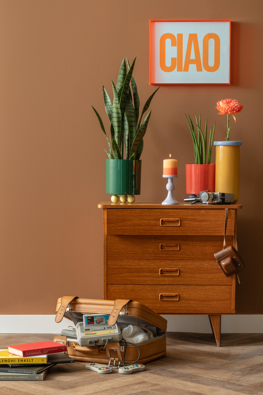 Present Time - Bloempot Double Funky Medium - Retro green & soft yellow