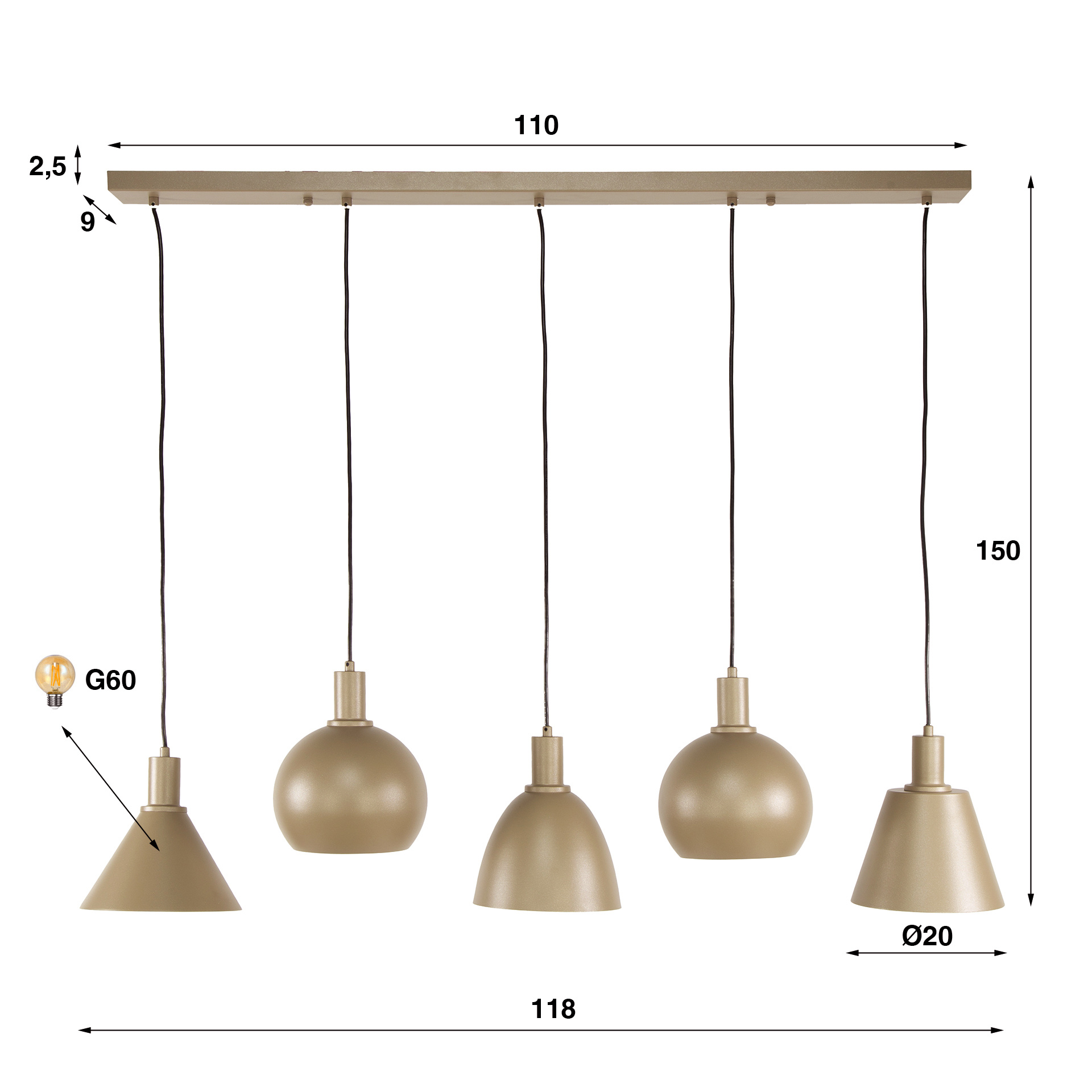 Hoyz Collection - Hanglamp Metallo Mix 5-lichts - Beige