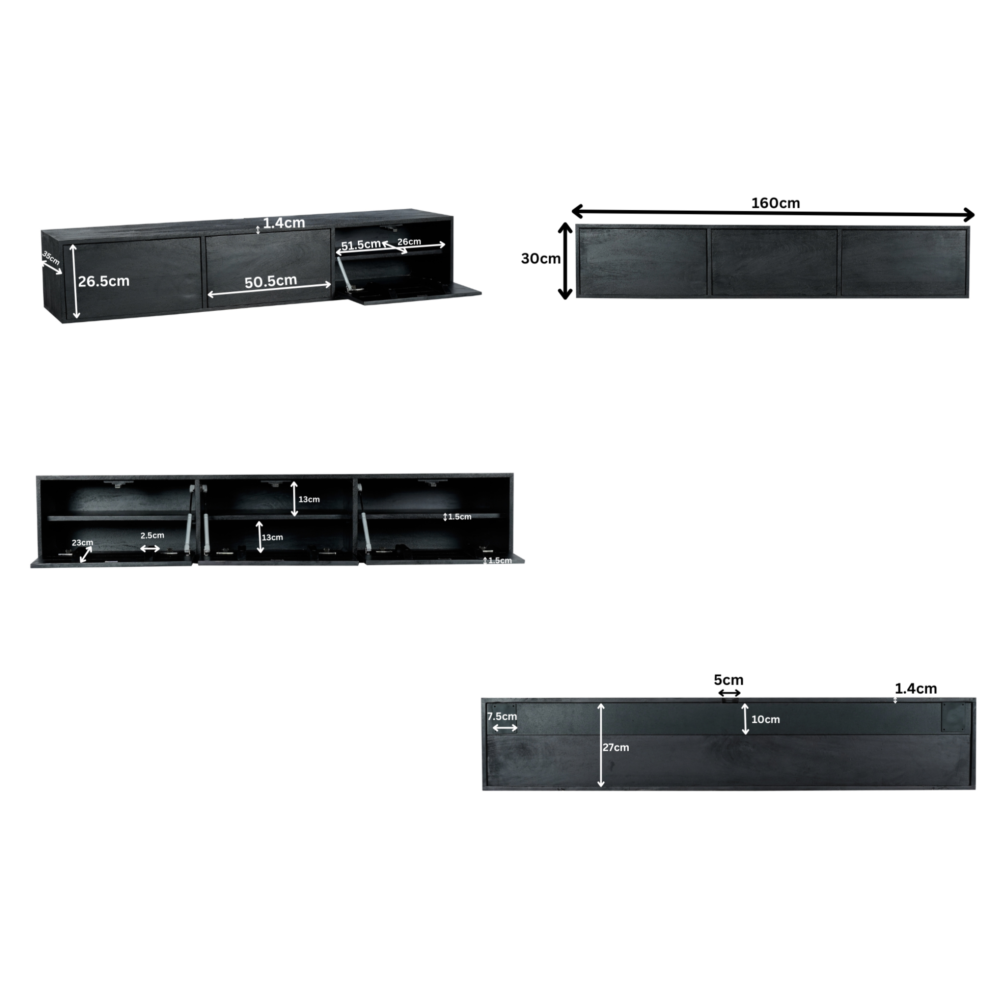 Starfurn - Tv meubel Vision - Zwart - 30x160x35 cm