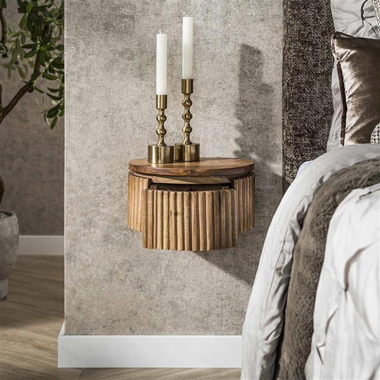 Hoyz Collection - Nachtkastje Wave Rond Zwevend 1 Lade XS - Massief Mango Zandkleur