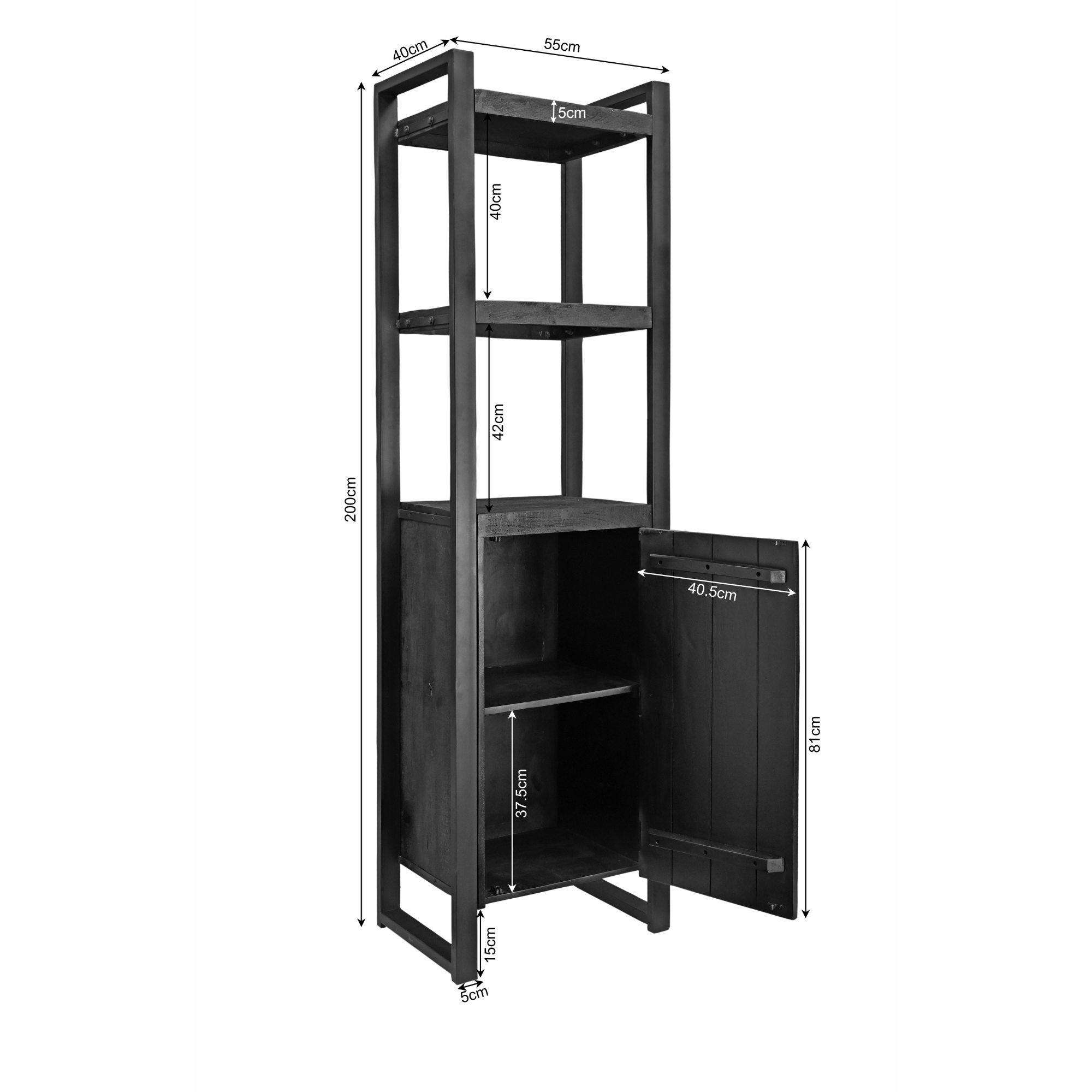 Starfurn - Boekenkast Boaz - Zwart - 40x55x200 cm