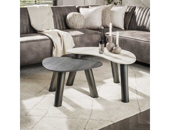 Hoyz Collection - Salontafel Twin Organisch Set Van 2 - 3D Keramiek Travertin Zwart-grijs