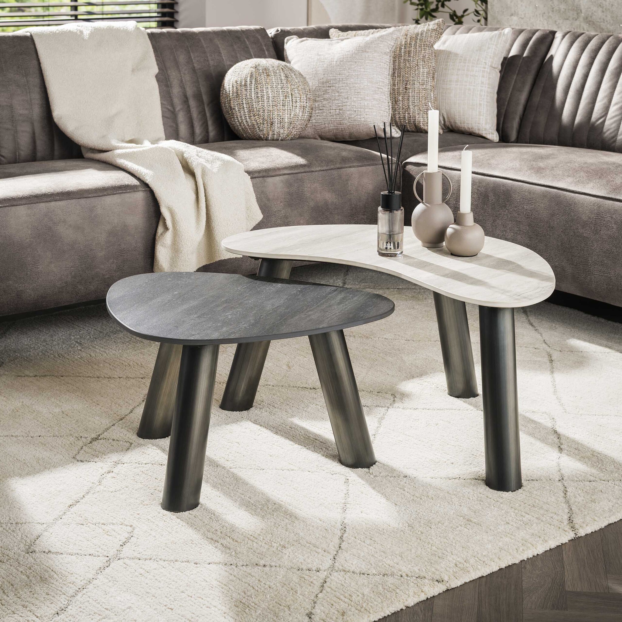 Hoyz Collection - Salontafel Twin Organisch Set Van 2 - 3D Keramiek Travertin Zwart-grijs