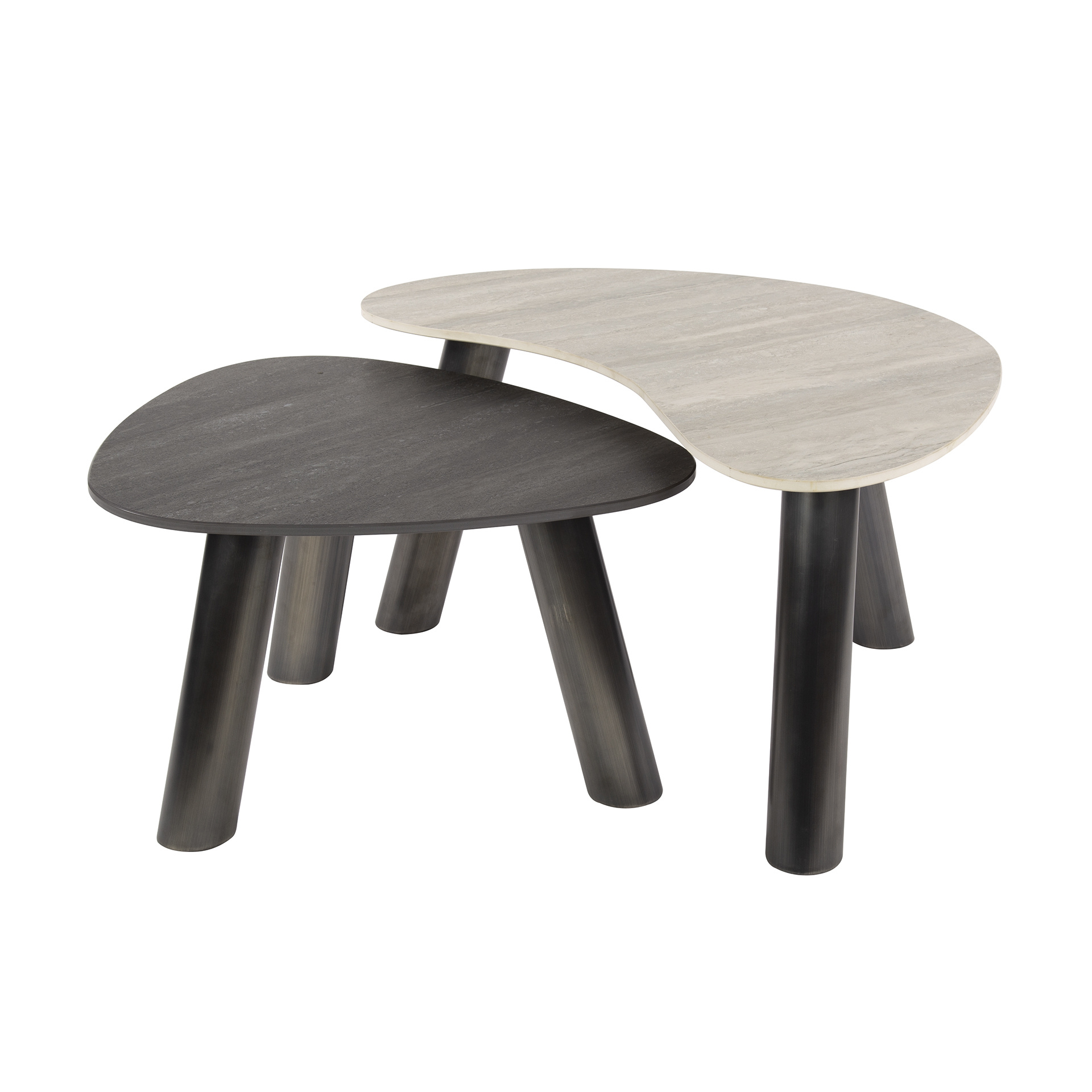 Hoyz Collection - Salontafel Twin Organisch Set Van 2 - 3D Keramiek Travertin Zwart-grijs