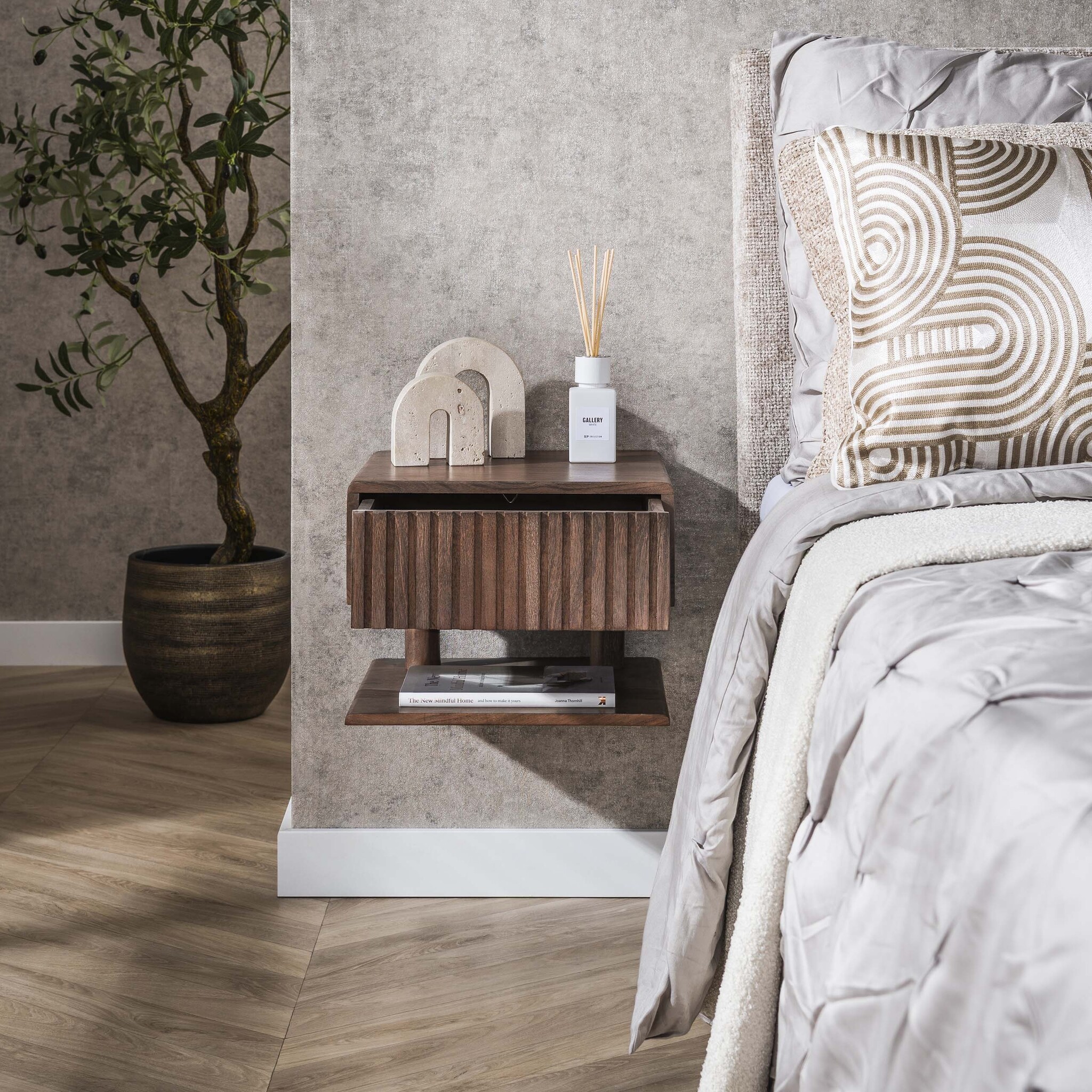 Hoyz Collection - Nachtkastje Carve Shelve Zwevend 1 Lade - Massief Acacia Bruin