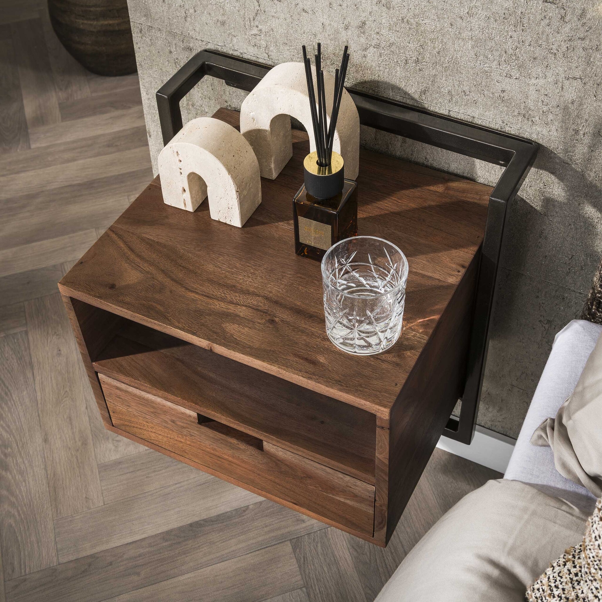 Hoyz Collection - Nachtkastje Air Solid Open Vak 1 Lade - Massief Acacia Bruin