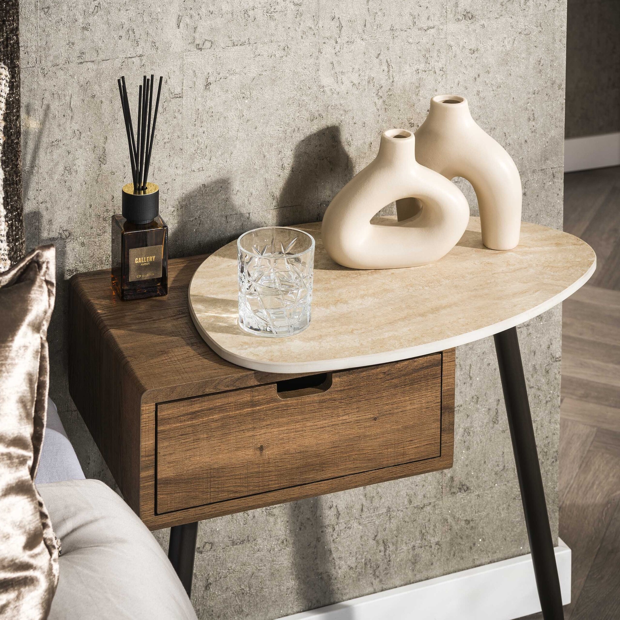 Hoyz Collection - Nachtkastje Travino 1 Lade Rechts - Keramiek Travertin