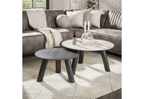 Hoyz Collection - Salontafel Twin Rond Set Van 2 - 3D Keramiek Travertin Zwart-grijs