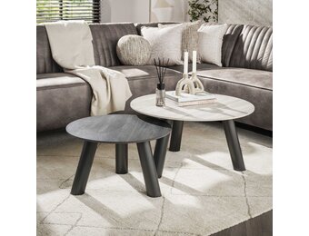 Hoyz Collection - Salontafel Twin Rond Set Van 2 - 3D Keramiek Travertin Zwart-grijs