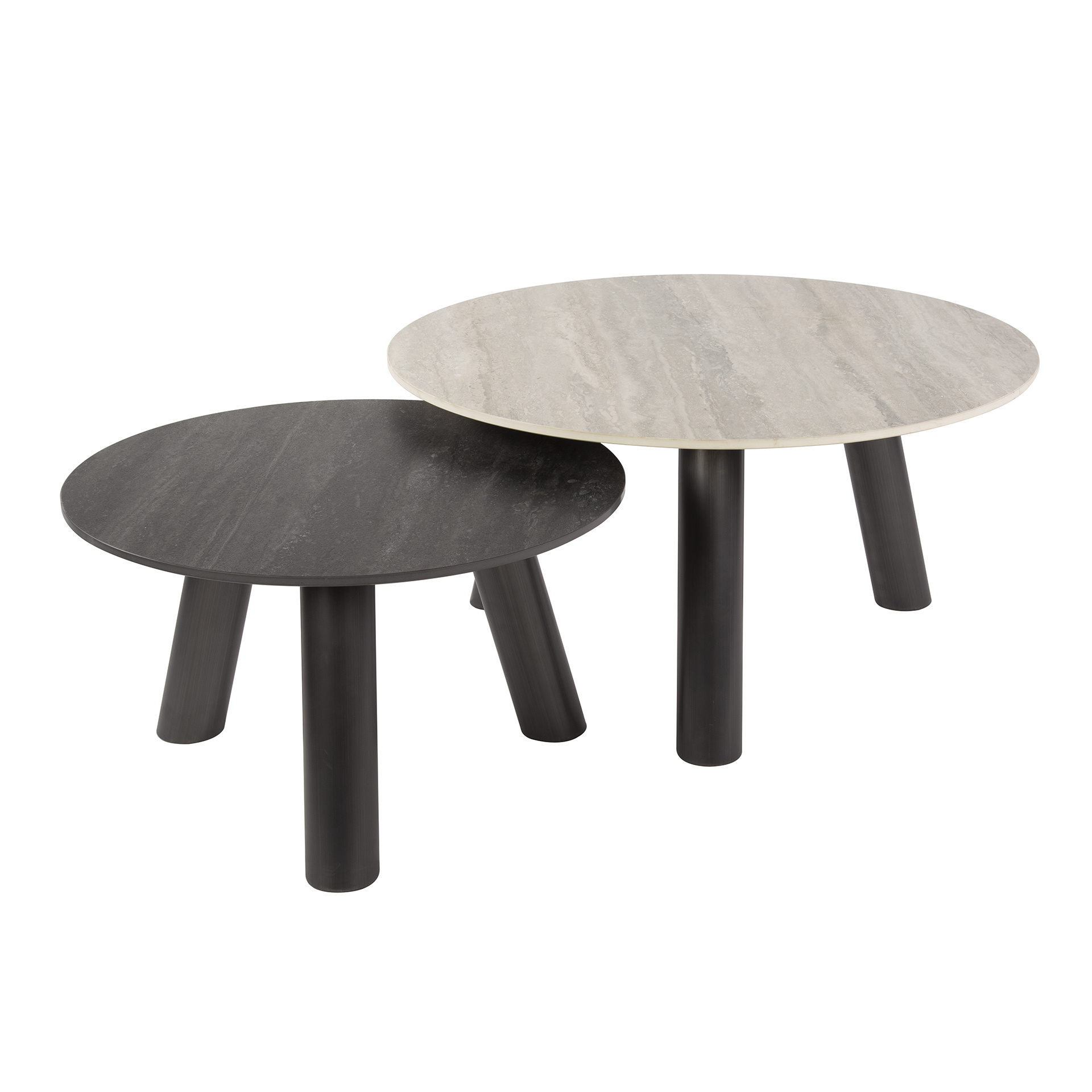 Hoyz Collection - Salontafel Twin Rond Set Van 2 - 3D Keramiek Travertin Zwart-grijs