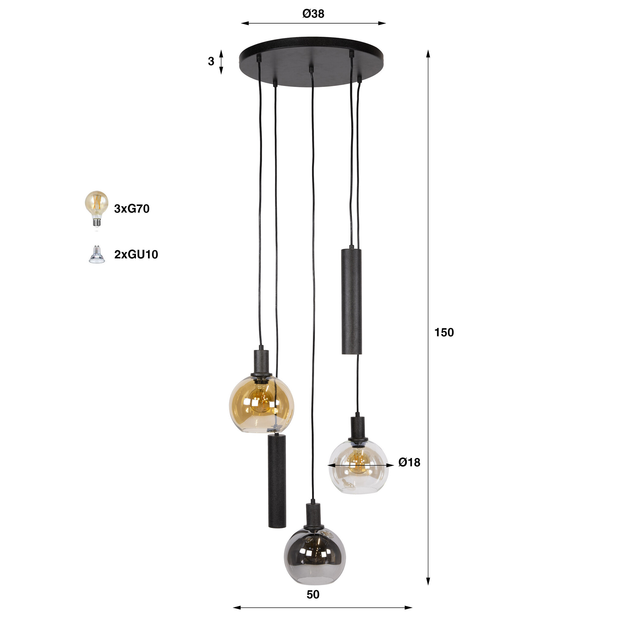 Hoyz Collection - Hanglamp Sfera - Zwart - 50x50x150 cm