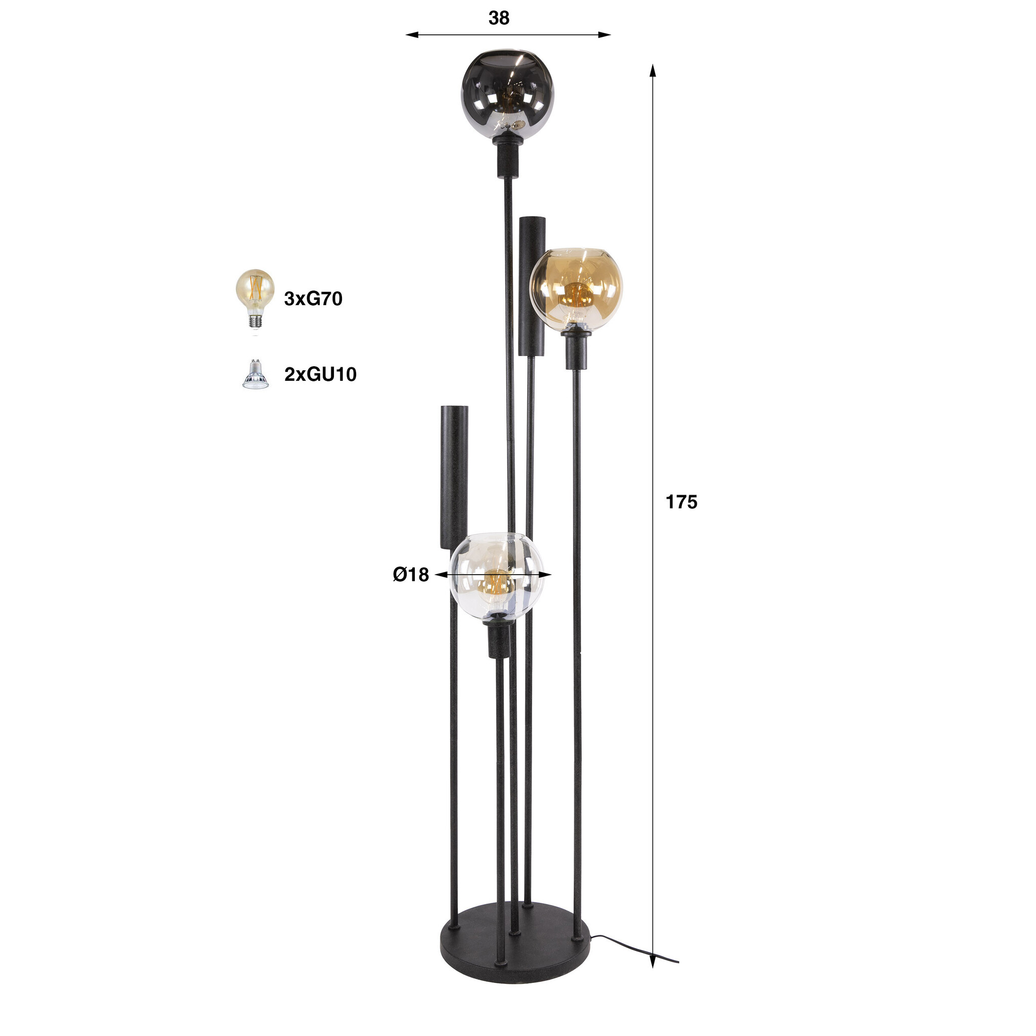 Hoyz Collection - Vloerlamp Sfera - Zwart - 38x38x175 cm