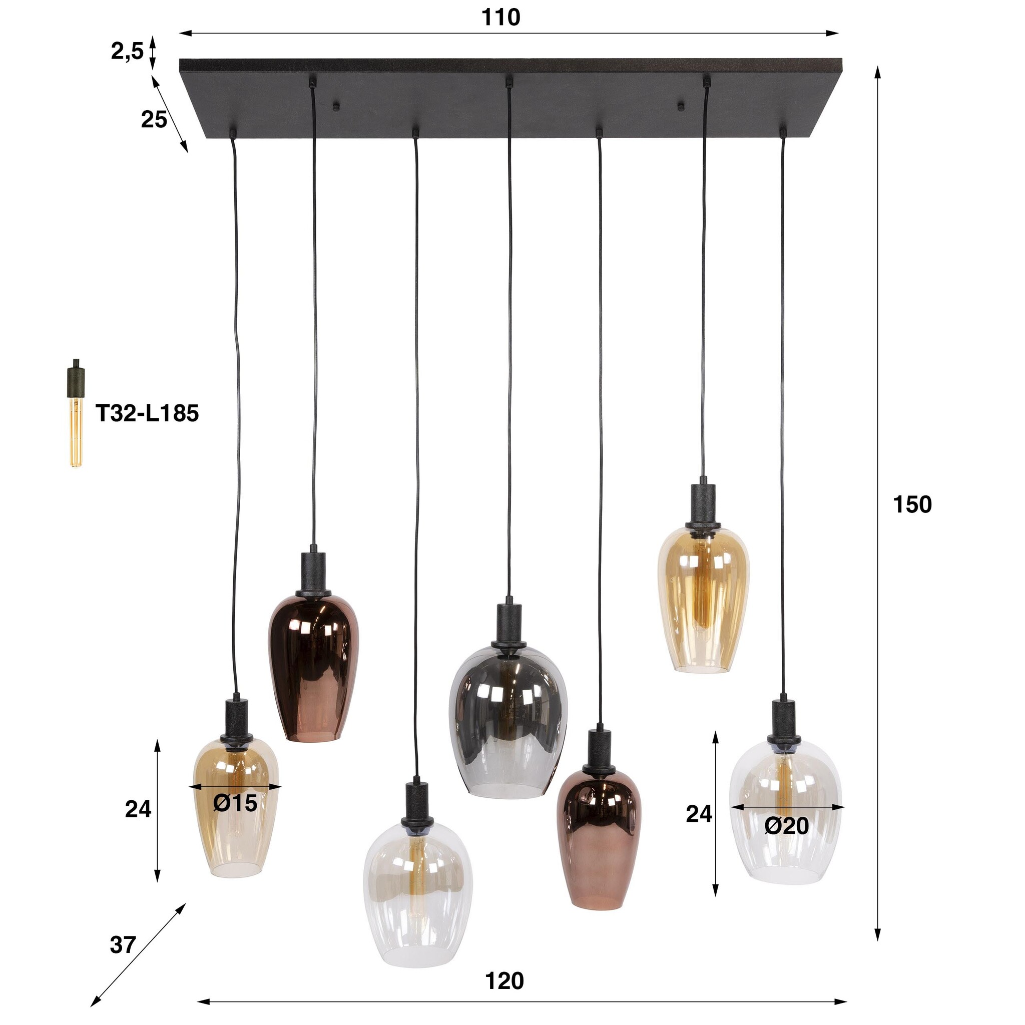 Hoyz Collection - Hanglamp Amfora - Zwart - 37x120x150 cm