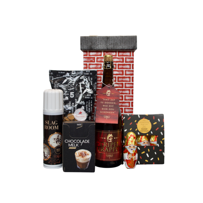 Sinterklaaspakket ‘Tripel trappel’ bier met zoete lekkernijen, (warme) chocolademelk en slagroom - schoorsteen