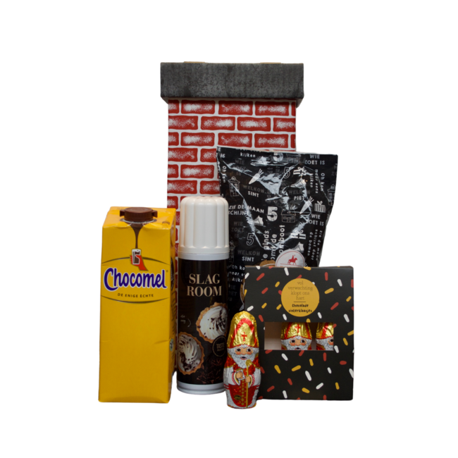 Sinterklaaspakket chocolade Sinterklaasjes met kruidnoten, Chocomel en slagroom - schoorsteen