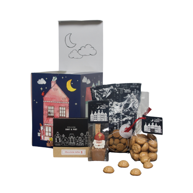 Sinterklaaspakket met caramel chocolade kruidnoten, naturel kruidnoten, een chocoladeletter en een Sint melkchocolade spoon - cadeauverpakking kleur