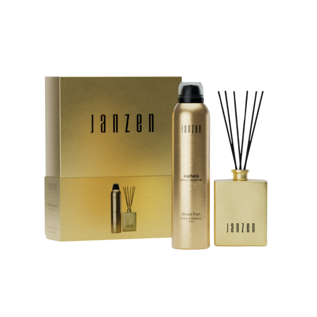 Euphoria Giftset met shower foam en home fragrance sticks in een luxe gouden cadeaudoos