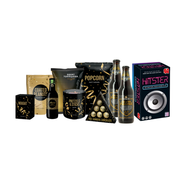 Kerstpakket met populair Hitster spel, 2x Hertog Jan, 1 flesje rode wijn en 6 versnaperingen