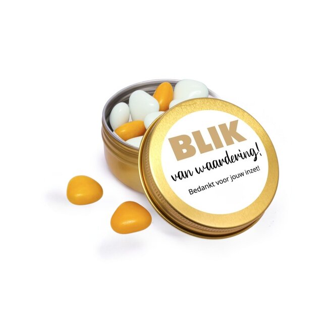 ‘Blik van waardering’ - Goud blikje gevuld met chocolade mini hartjes