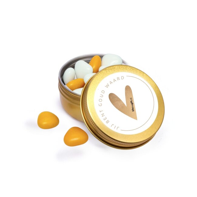 ‘Jij bent goud waard’ wit - Goud blikje gevuld met chocolade mini hartjes
