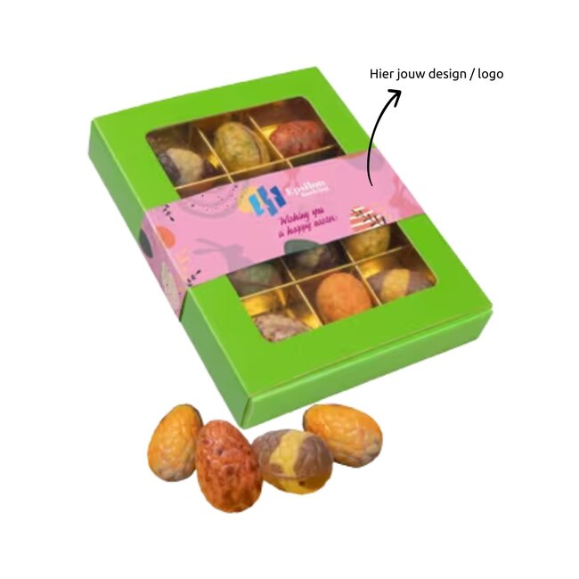 Doosje met twaalf luxe paaseitjes - gepersonaliseerd met logo