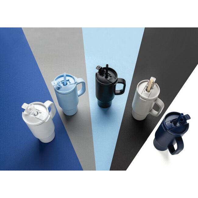 Praktische thermosbeker recycled RVS 480 ml donkerblauw - met eigen logo mogelijk