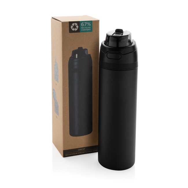Thermosfles recycled RVS 700 ml zwart - met eigen logo mogelijk