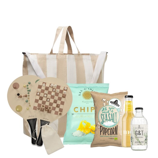 Strandtas XL met beachtennis en spellen  - sand naturel streep