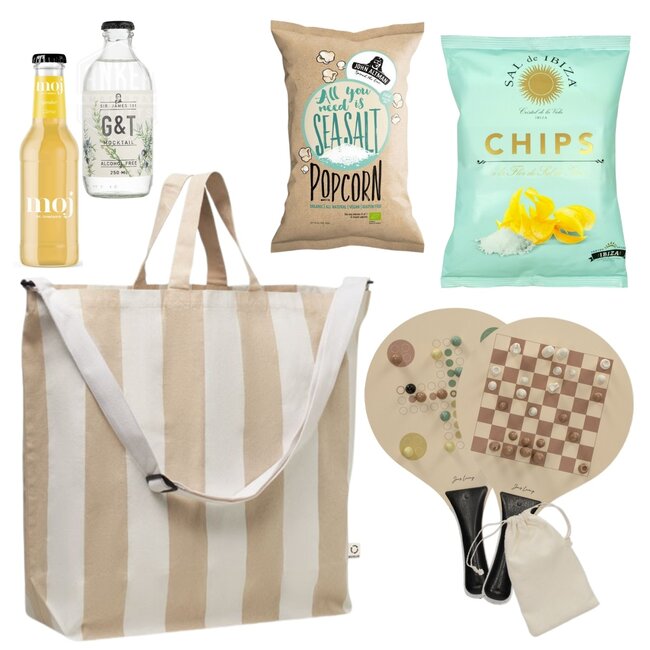 Strandtas XL met beachtennis en spellen  - sand naturel streep
