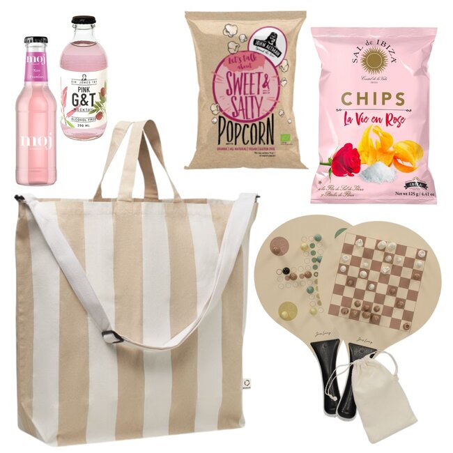 Strandtas XL met beachtennis en spellen  - sand naturel streep pink