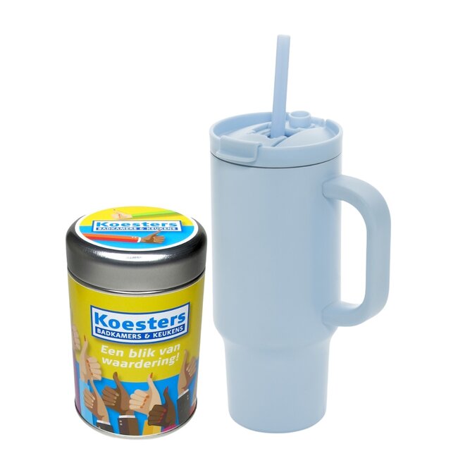 Autopakket thermosbeker en snoepblikje - gepersonaliseerd met logo mogelijk