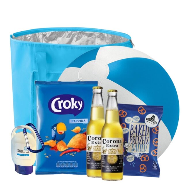 Zomers pakket blauw koeltas - met gepersonaliseerde zonnebrand