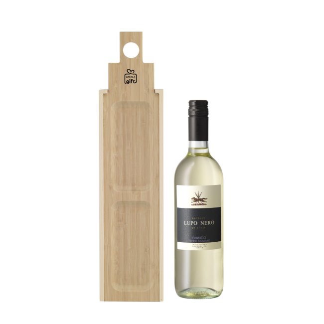 Wijn geschenkkist huis met tapasplank en wijnfles - met logo