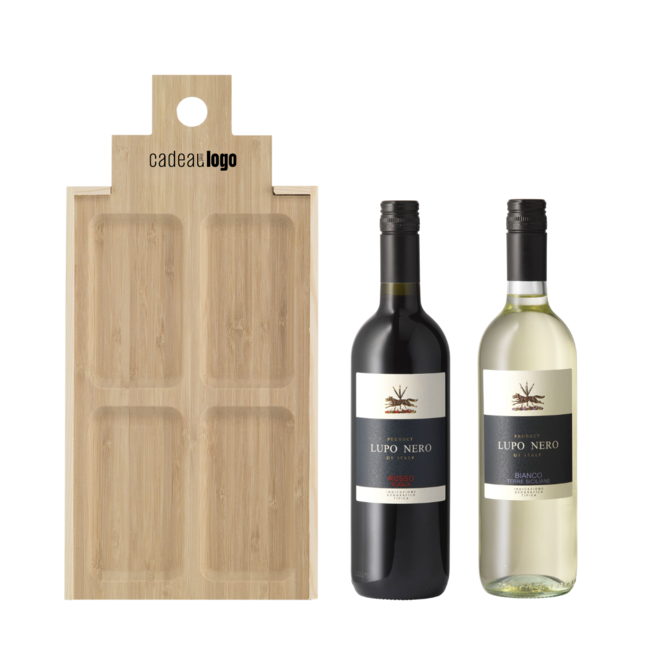 Wijn geschenkkist huis dubbel met tapasplank XXL en wijnen - met logo