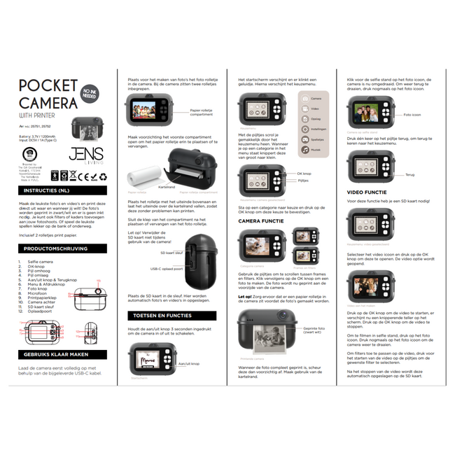Camera met printer incl twee rolletjes papier - zwart