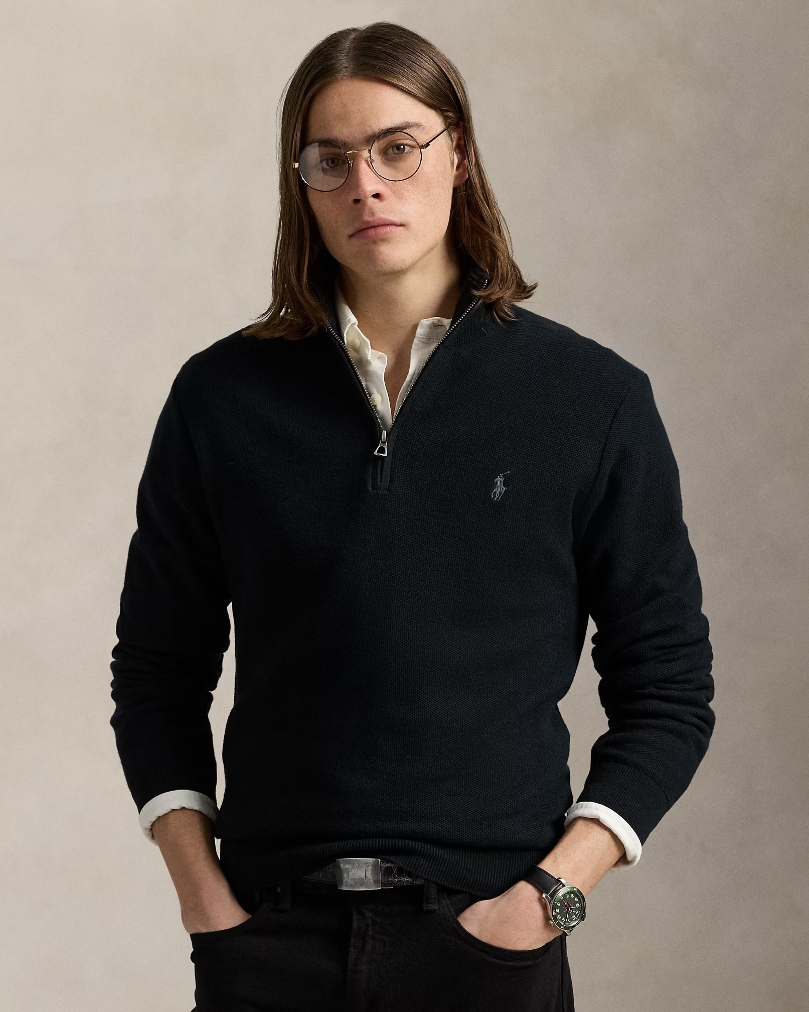 Mesh-knit cotton Quarter-zip jumper-2